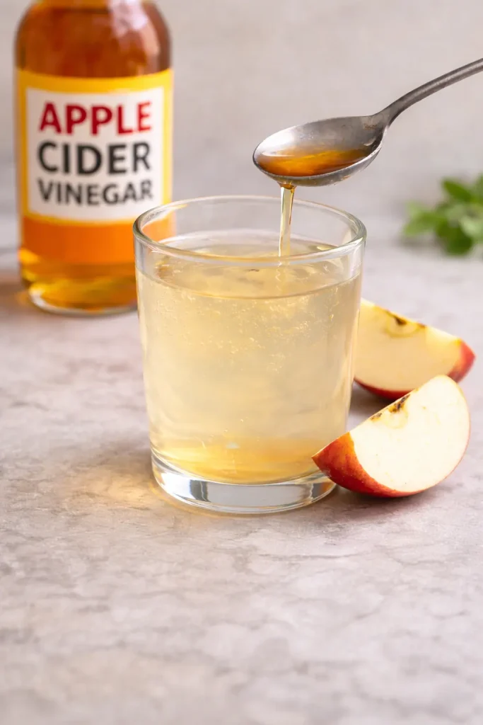 Apple cider vinegar drink with fresh apple slices in glass