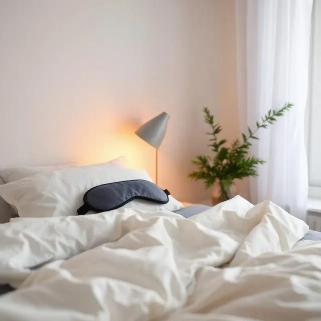 Calm bedroom setup with sleep mask soft lighting and cozy bed supporting better sleep and healthy weight loss habits