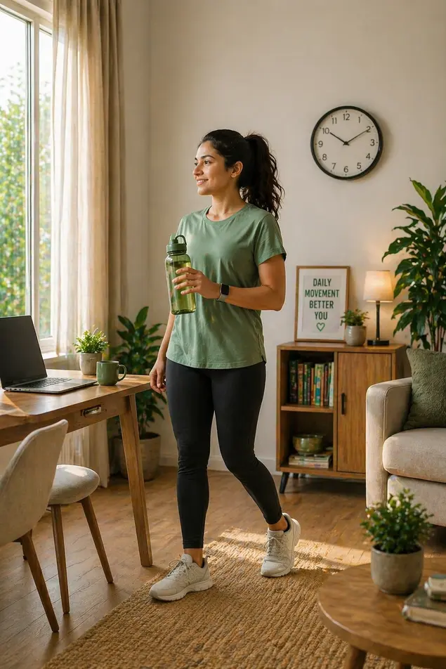 Woman taking a movement break while working at home desk, walking with water bottle in a bright natural living room setting