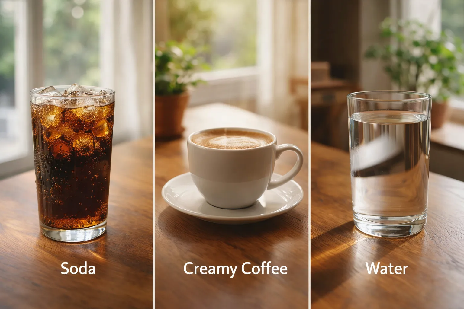 Comparison of soda creamy coffee and water on table for healthier drink choices and weight loss
