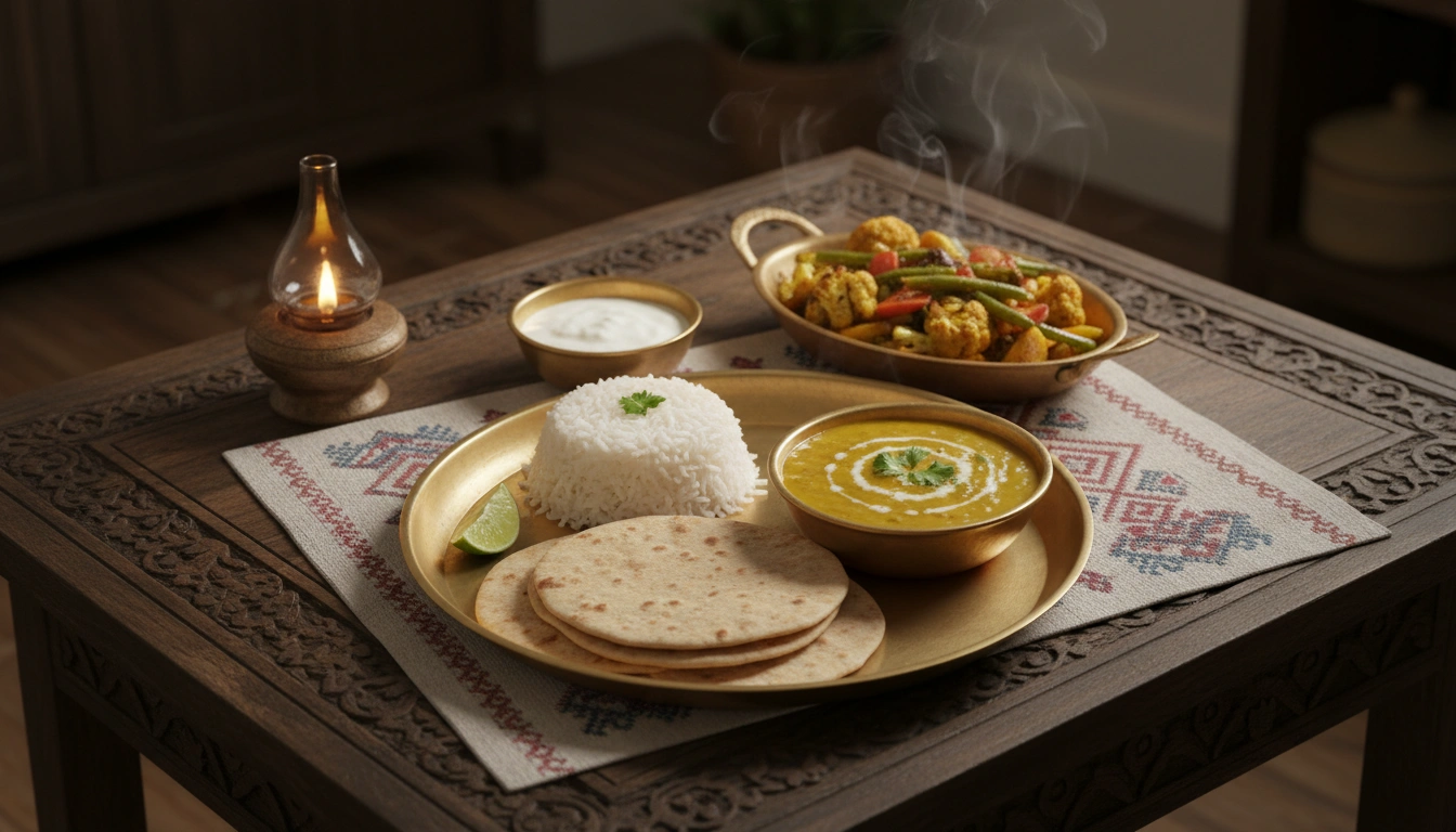 Traditional South Asian thali with dal, roti, rice, sabzi, and yogurt on a brass plate
