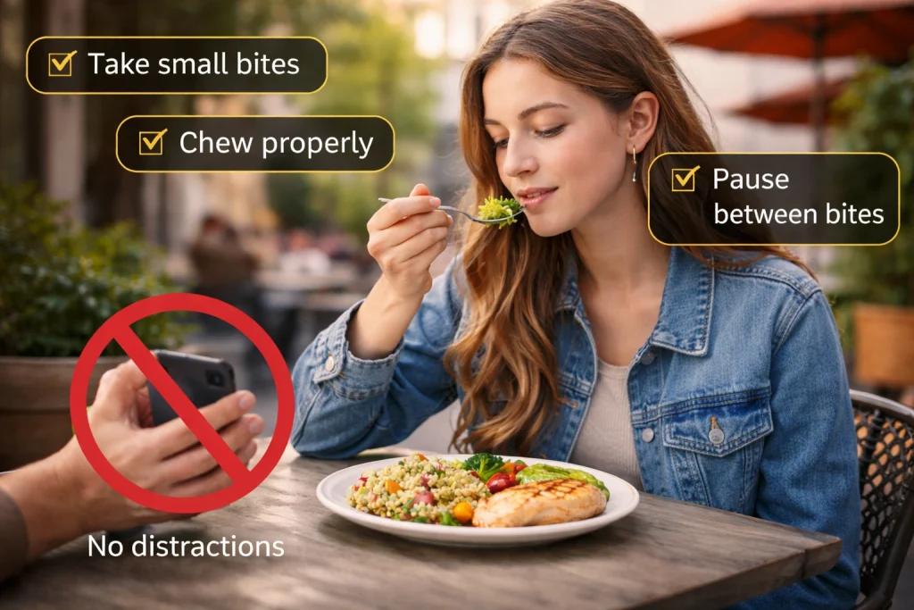 Girl eating healthy meal slowly at outdoor café, ignoring phone, practicing mindful eating and better portion control