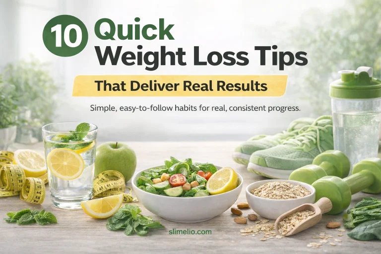 10 quick weight loss tips graphic with lemon water, salad, oats, dumbbells, and slimelio.com branding at the bottom.