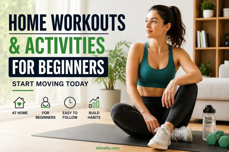 Woman sitting on yoga mat at home in a bright living room, with “Home Workouts & Activities for Beginners” title and Slimelio.com branding in green theme