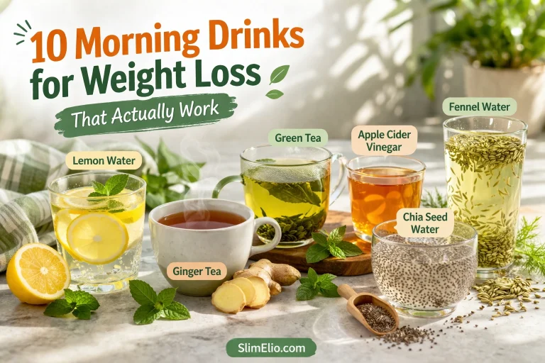 10 morning drinks for weight loss with lemon water, green tea, ginger tea, apple cider vinegar, chia seeds, and fennel water