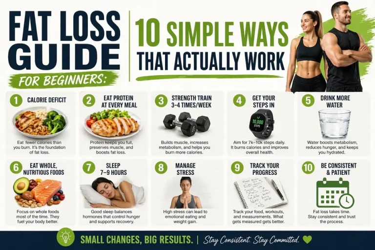 Fat loss guide infographic for beginners showing 10 simple tips like calorie deficit, protein intake, exercise, sleep, hydration, and consistency.