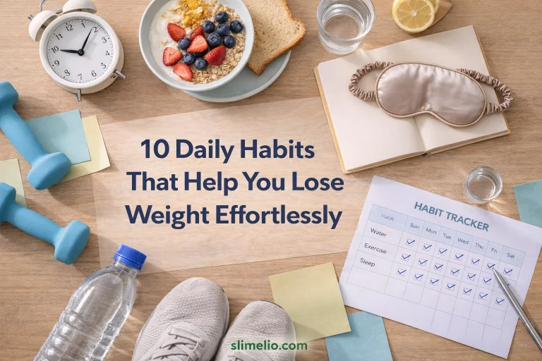 Flat lay of daily weight loss habits with water bottle healthy food habit tracker and fitness items on wooden table