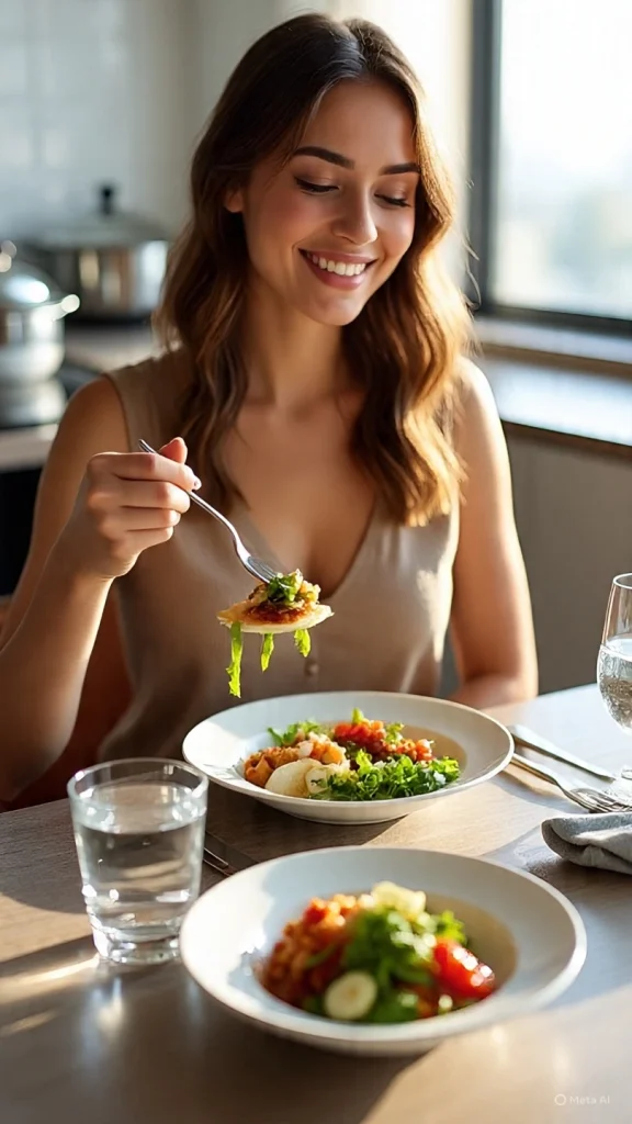 Young woman eating a balanced meal on a small plate, showing portion control for healthy eating and better weight management