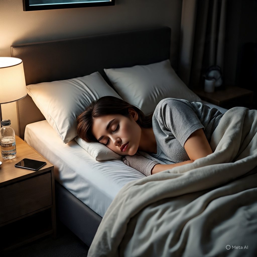 Young woman sleeping peacefully at night in bed with soft lighting, showing healthy sleep habits for better hunger control and energy levels