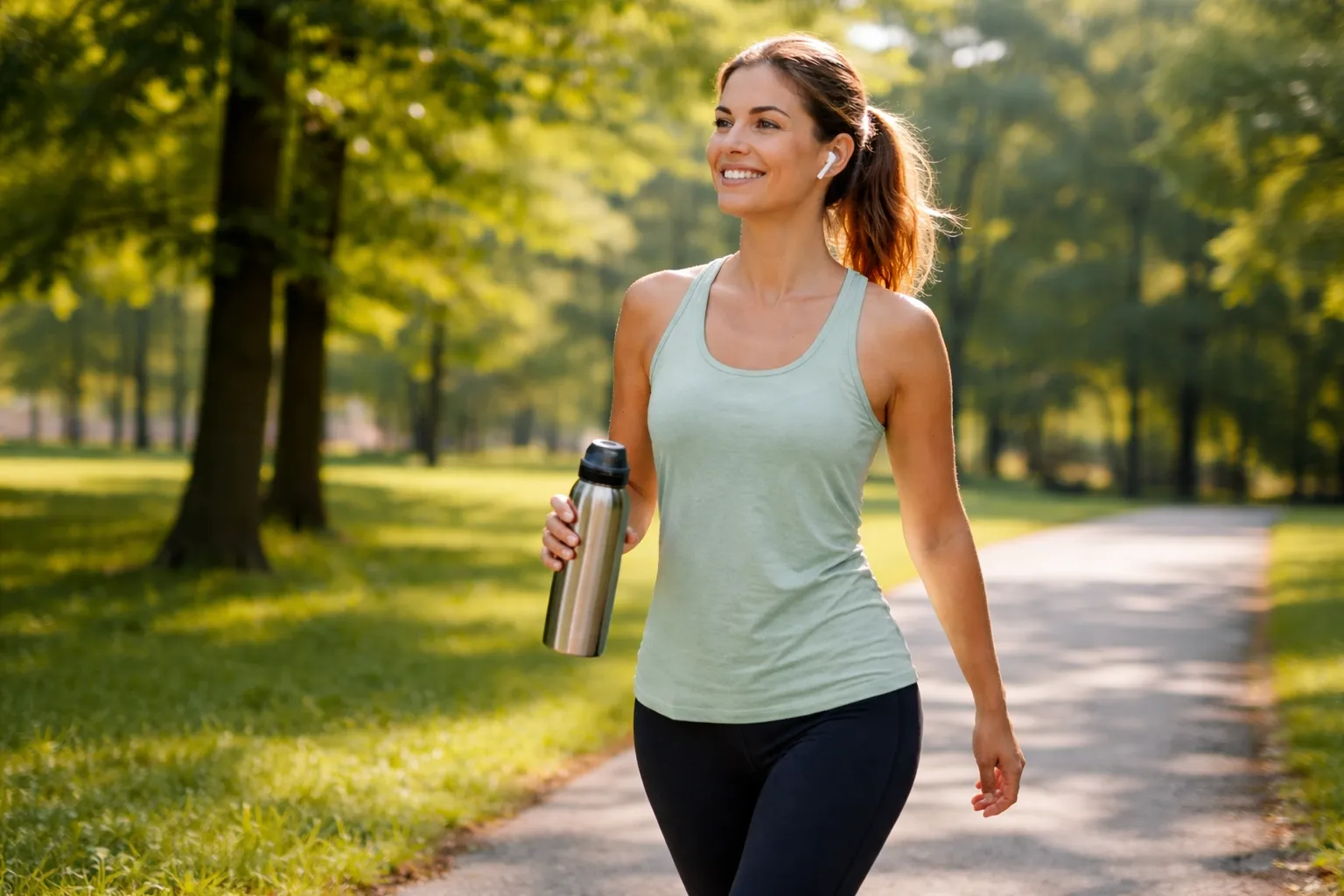 Girl walking outdoors with water bottle in natural setting supporting daily movement and healthy weight loss habits