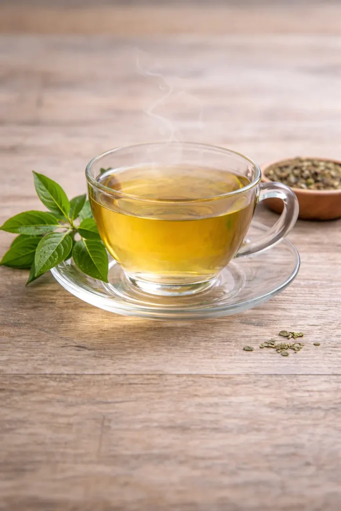 Green tea in glass cup with fresh tea leaves on wooden table