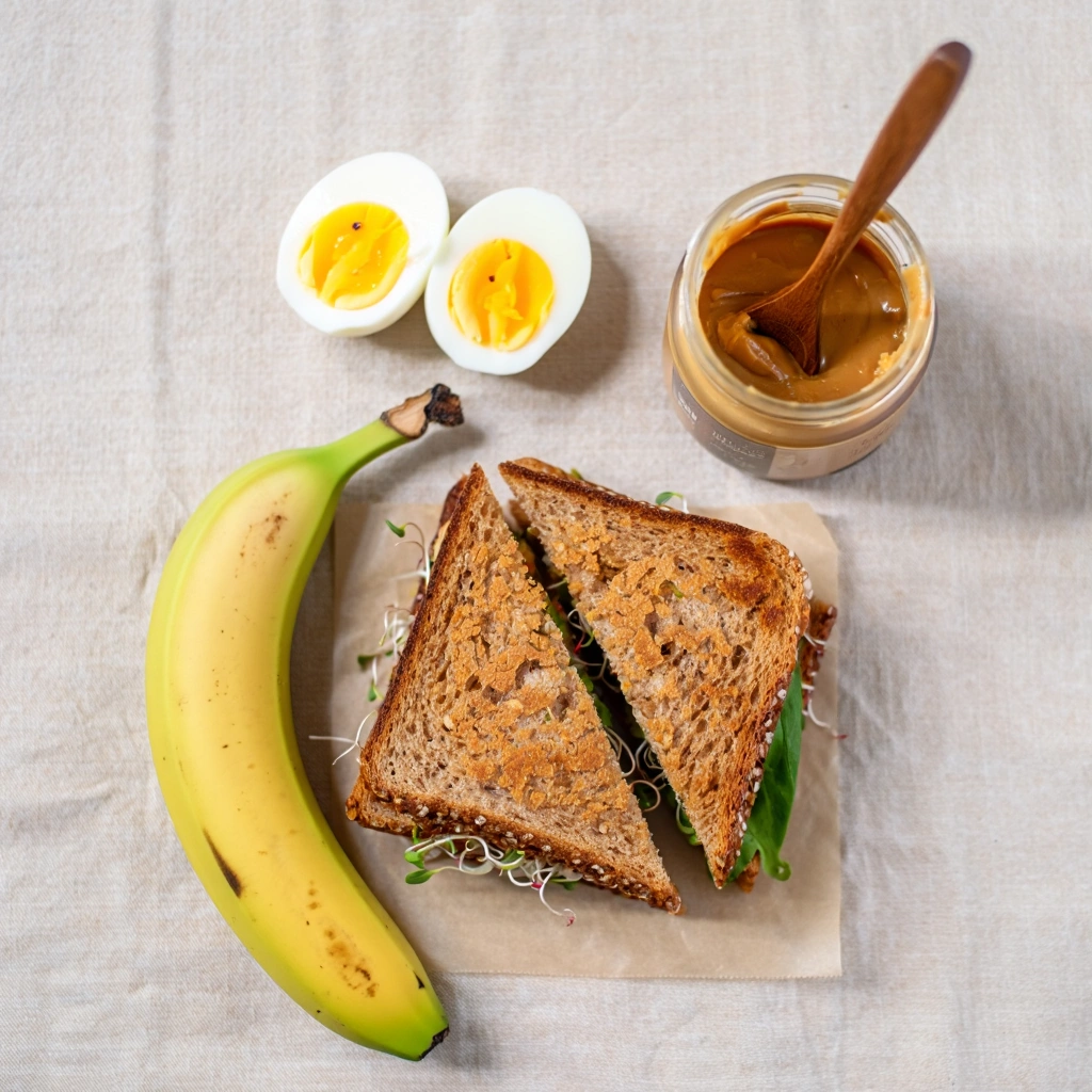 A simple meal plate with a banana, boiled egg slices, and toast topped with peanut butter on a white background.