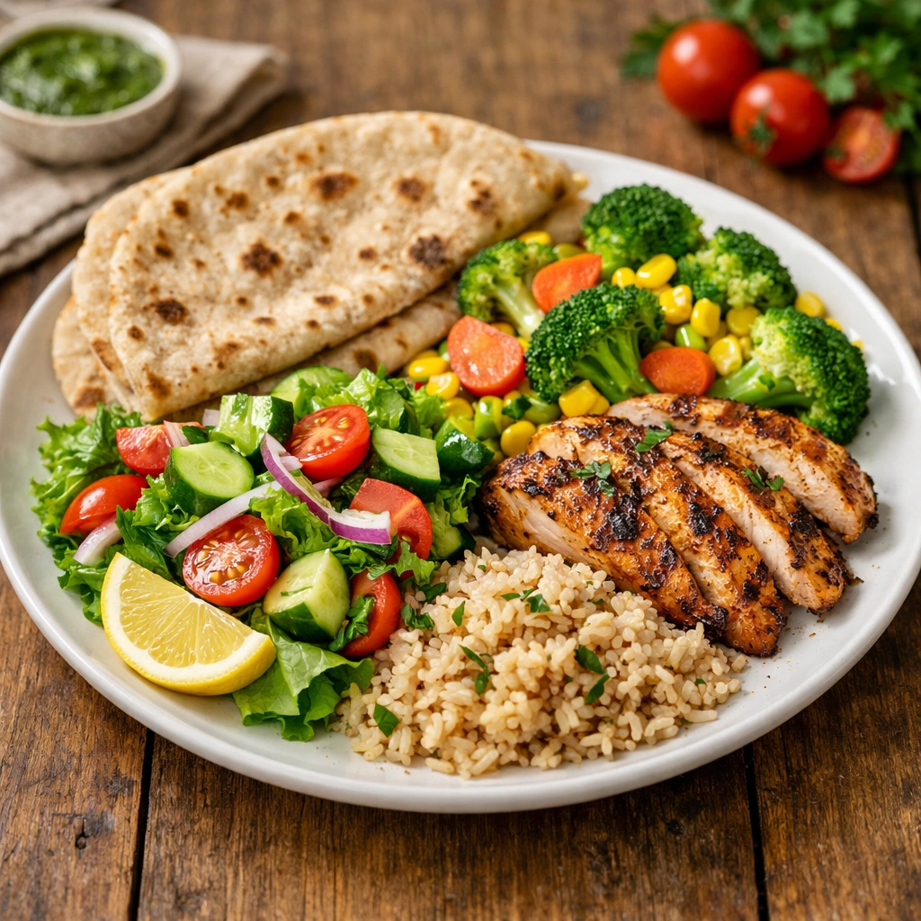 Healthy meal plate with grilled chicken, roti, fresh salad, and vegetables on a wooden table in natural warm light.
