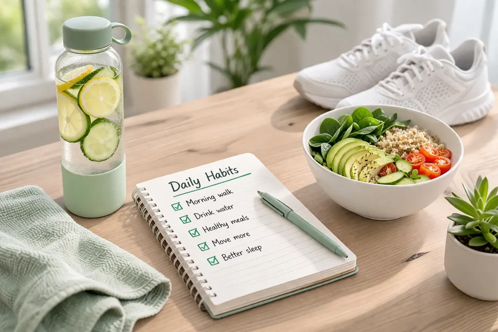 Healthy daily habits for weight loss with infused water, fresh salad bowl, sneakers, and checklist notebook on a clean wooden table.
