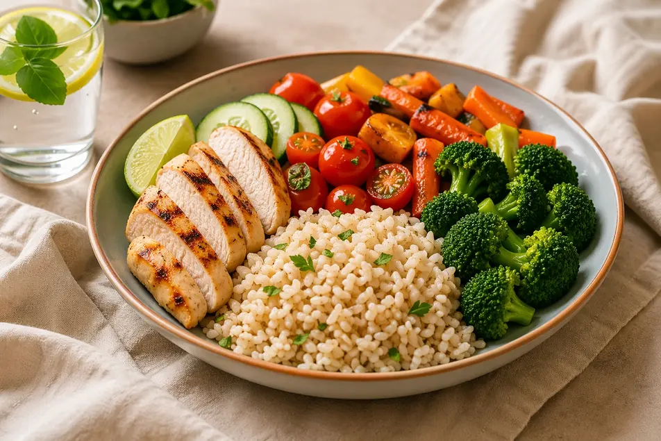 Balanced healthy meal bowl with grilled chicken, rice, broccoli, fresh vegetables, and lemon water in soft natural lighting.