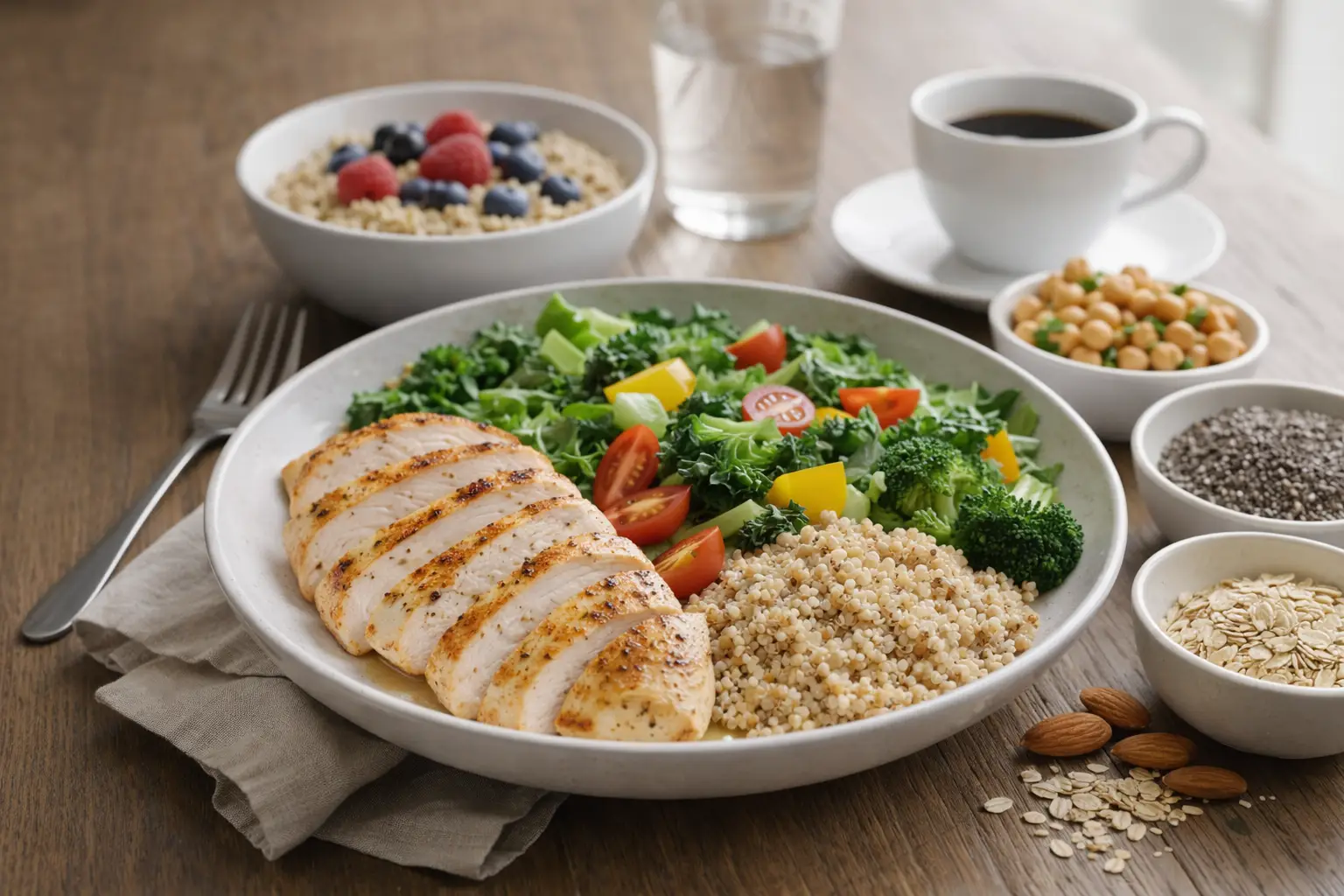 Protein and fiber rich meal with grilled chicken quinoa vegetables oats and nuts for weight lossSelect 84 more words to run Humanizer.