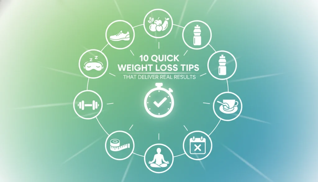 Infographic showing quick weight loss tips with icons for exercise, water, sleep, healthy food, and daily routine in circular layoutSelect 73 more words to run Humanizer.