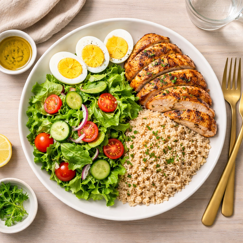 A clean weight loss meal with grilled chicken, brown rice, boiled eggs, and fresh salad on a light wooden table in natural light.