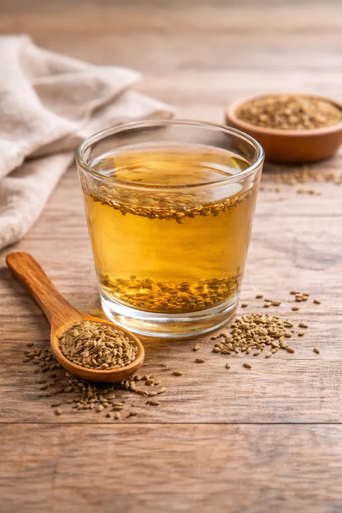 Jeera water in glass with cumin seeds on wooden table