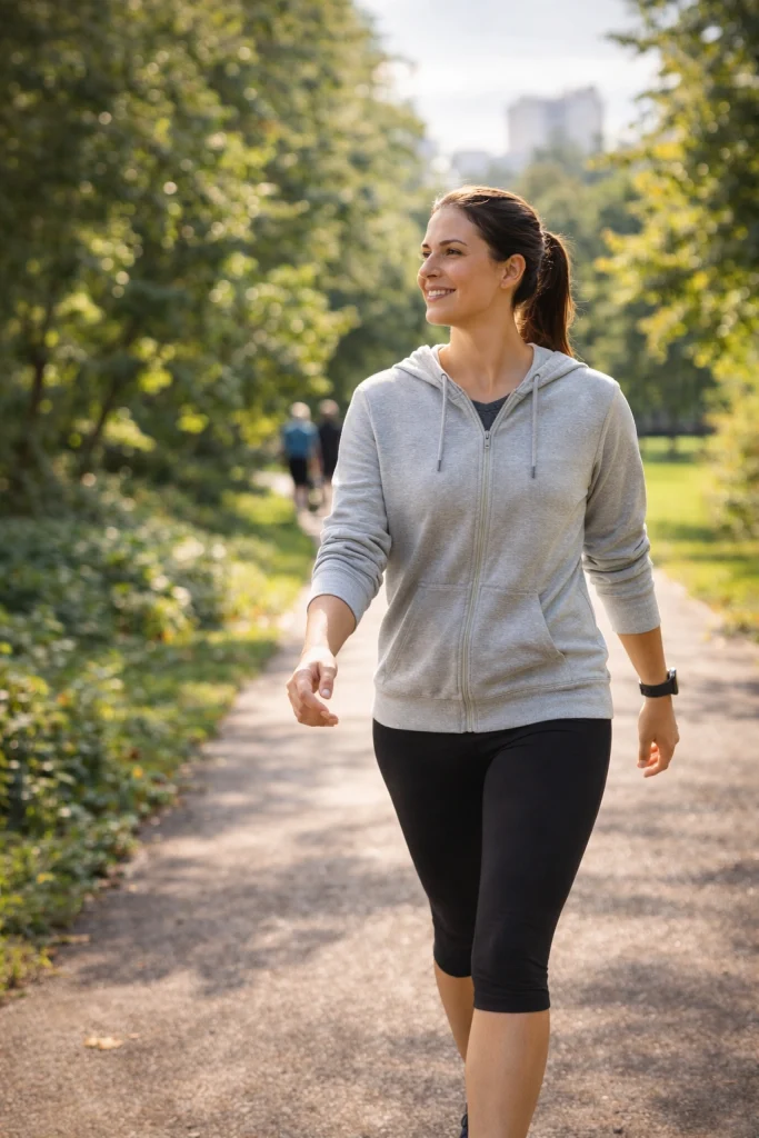 Young woman walking in a sunny park wearing casual western activewear, promoting simple daily movement and an active healthy lifestyle