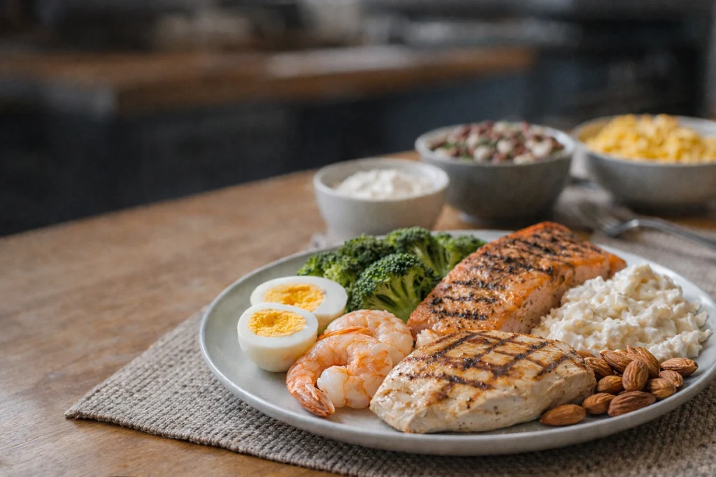 High protein healthy meal with grilled chicken, salmon, eggs, broccoli and nuts on plate, ideal for weight loss and staying full longer