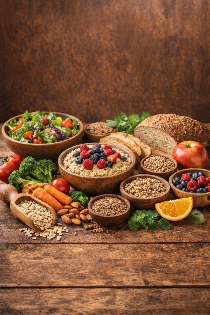 High fiber foods including oats, whole grains, fruits, vegetables and nuts arranged on table for healthy digestion and long lasting fullness