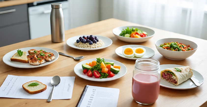 Healthy diet plan for beginners with meal prep boxes including oats, eggs, fruits, salad and grilled chicken for balanced nutrition.