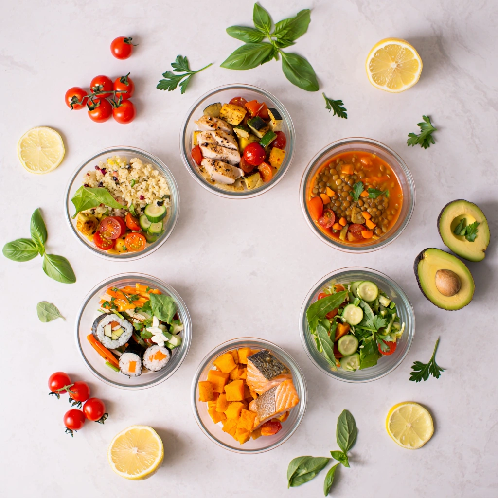 A clean weekly meal planning setup with labeled planner and neatly arranged glass containers filled with healthy meals.