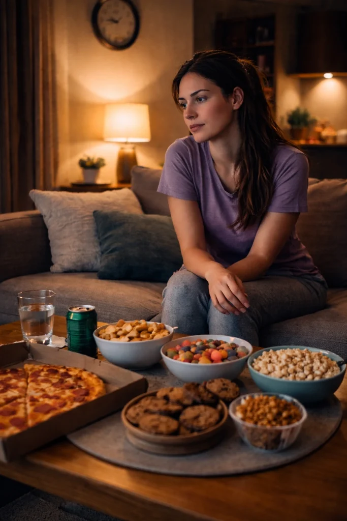 Woman at night avoiding snacks on table, showing late night eating control for better digestion and fewer extra calories
