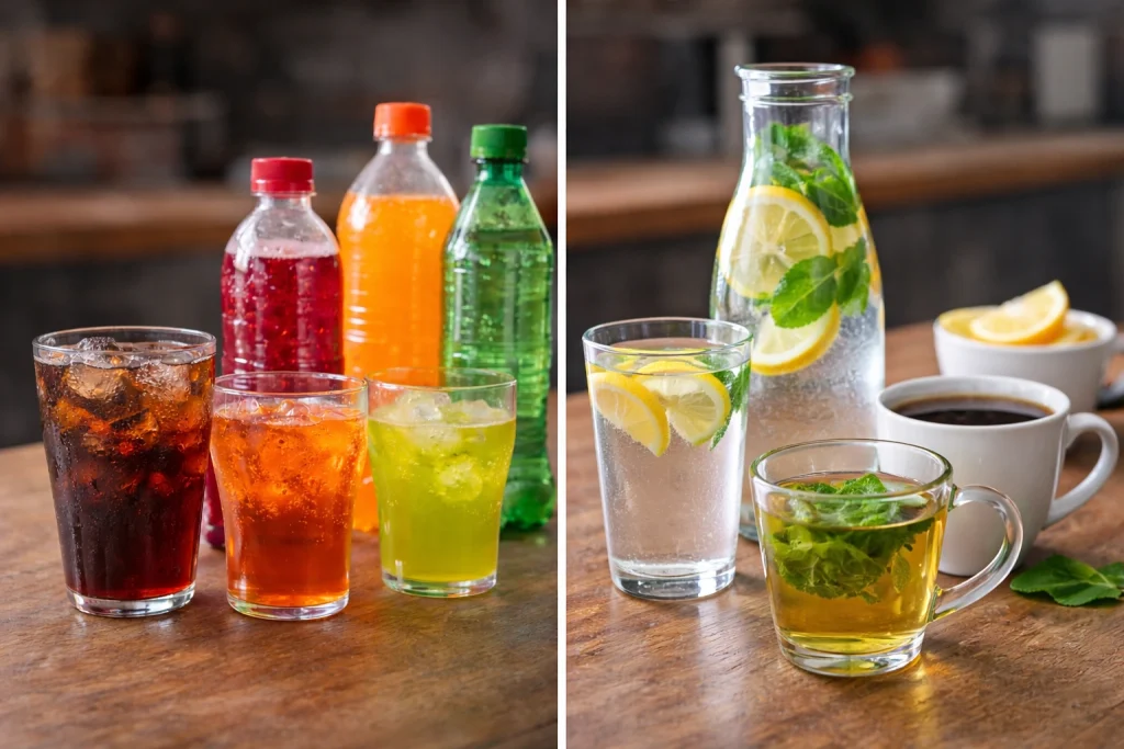 Side by side comparison of sugary drinks like soda and juices vs healthy options like water, lemon water, green tea and black coffee