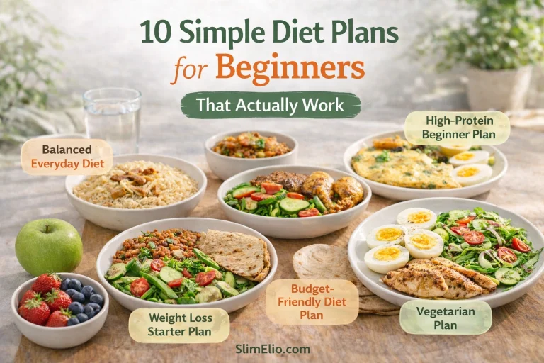 Healthy diet plan for beginners with oats, eggs, fruits and vegetables arranged neatly.