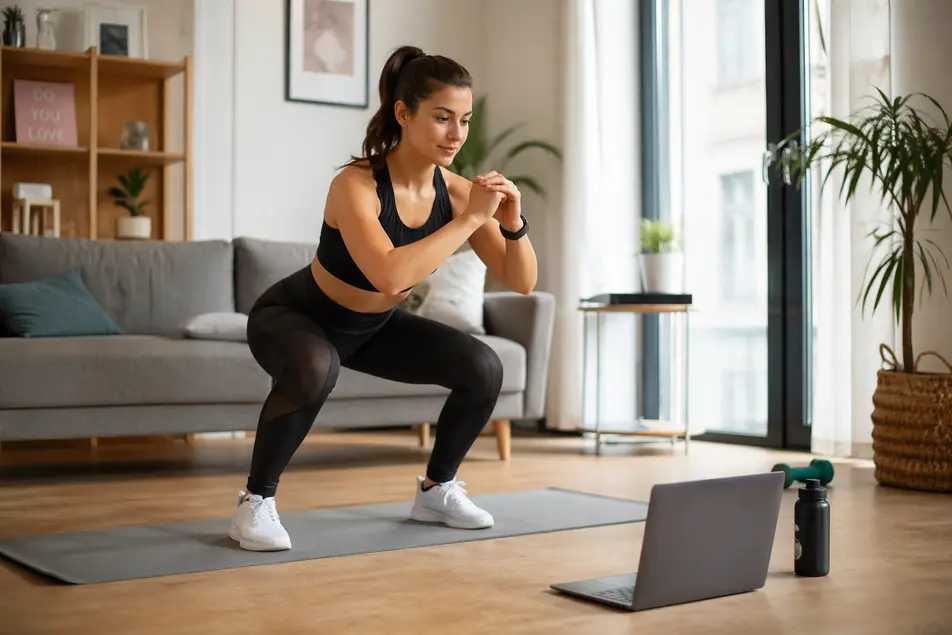 Woman doing beginner home workout (squats) on yoga mat in living room with laptop – fat loss tips for beginners