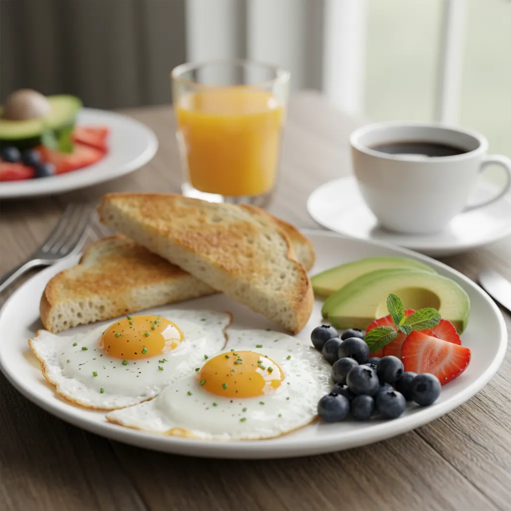 Healthy breakfast with eggs toast fruit and coffee for weight loss routine