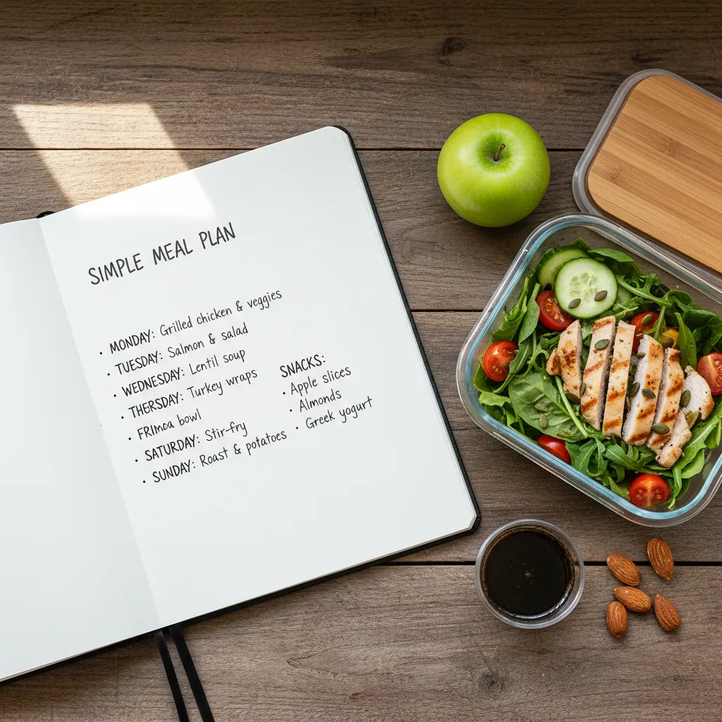 Notebook with simple meal plan beside healthy food container with chicken quinoa and vegetables for weight loss planning