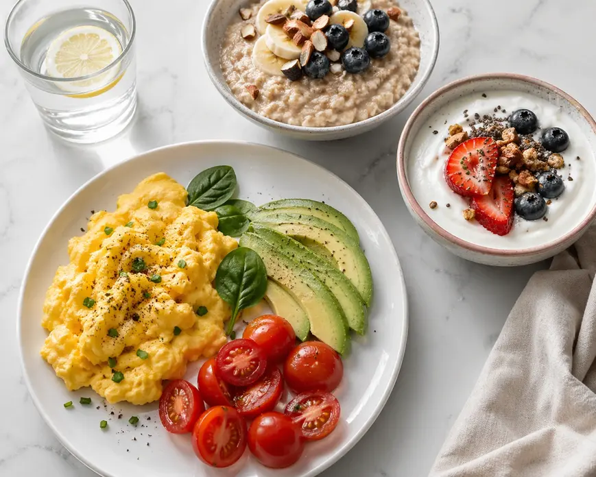Healthy breakfast with eggs, oats, and yogurt in soft natural light on a clean table, styled in a fresh minimal setup.