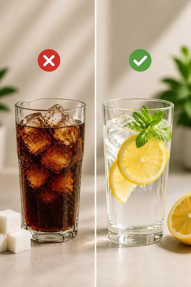 Vertical comparison of cola with sugar cubes and lemon water with mint, showing a healthier drink swap in soft natural light.