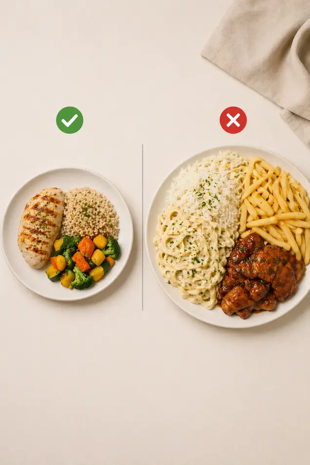 Vertical comparison of a small balanced healthy plate with chicken, rice, and vegetables versus a large oversized meal with pasta, fries, and chicken, highlighting portion control.
