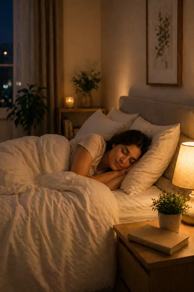 Peaceful bedroom scene with a person sleeping comfortably in a cozy bed, soft warm lighting, neutral tones, and a calm relaxing nighttime atmosphere.