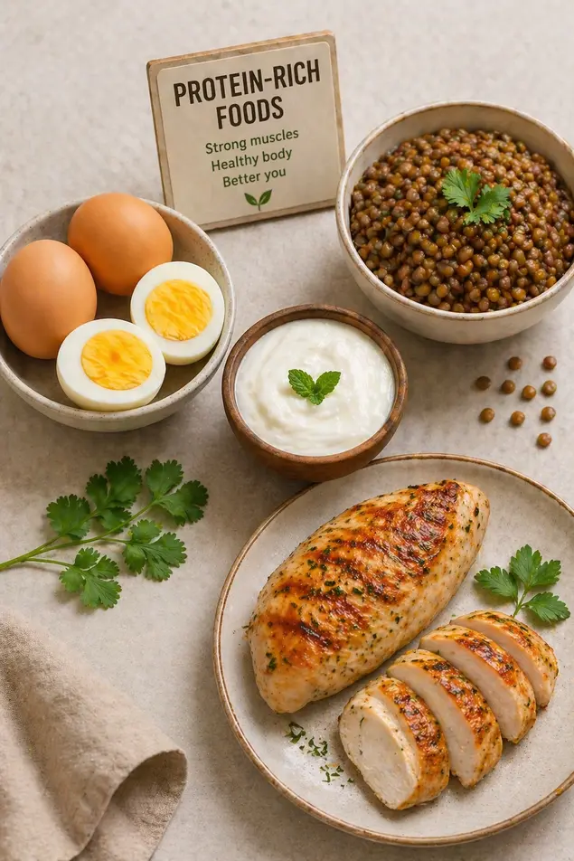 Clean top view of protein-rich foods including eggs, lentils, yogurt, and grilled chicken arranged neatly on a neutral background.