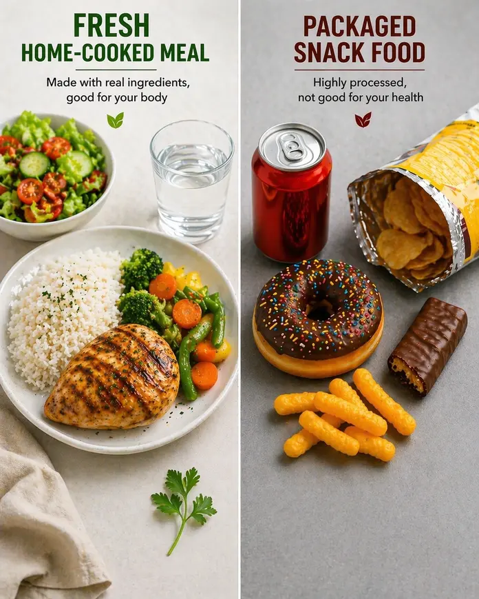 Split image showing fresh home-cooked meal with chicken, rice, and vegetables on one side and packaged snack foods like chips, donut, and soda on the other.