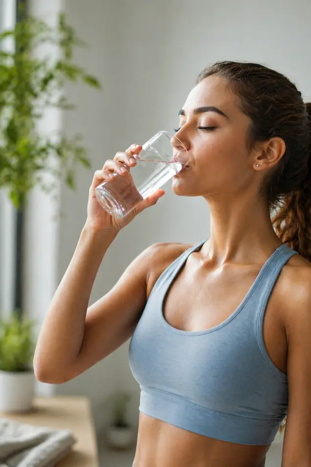 Young woman in workout wear drinking water from a glass in a bright, minimal indoor setting with soft natural light and greenery.