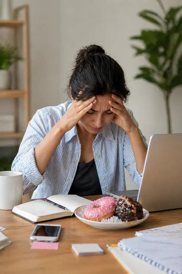 Stressed woman at desk with laptop and snacks, holding her head in frustration, highlighting emotional eating in a bright home workspace.