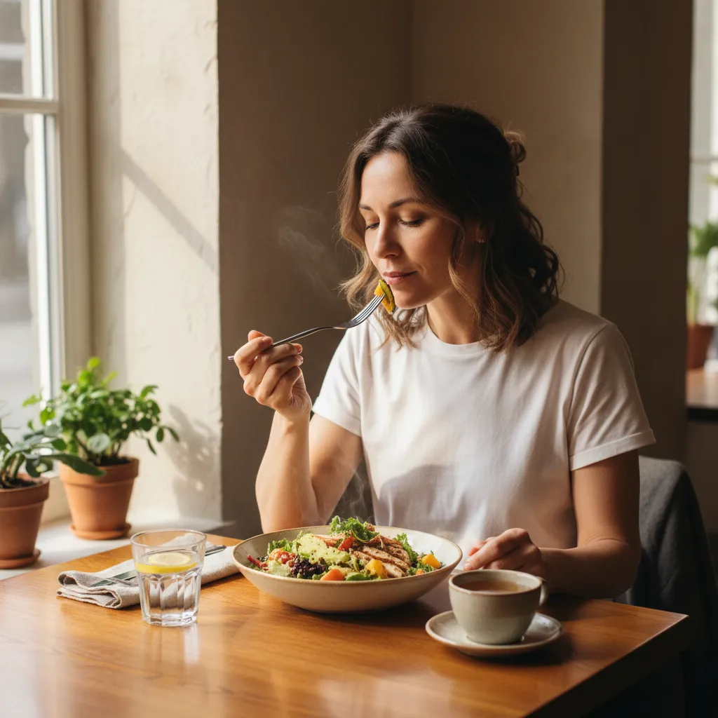 Girl eating slowly at a calm table without phone distractions for mindful eating and weight loss habits