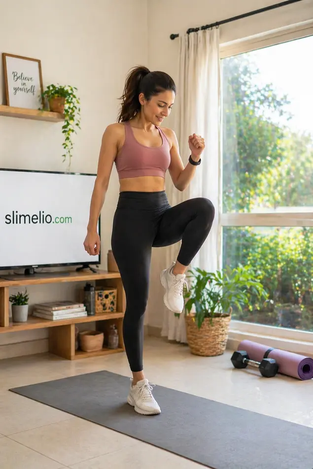 Woman doing a short home workout with high knees in a bright small living space with natural sunlight, Slimelio.com displayed on TV
