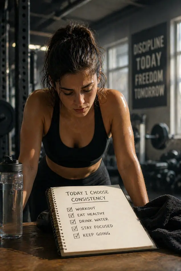Focused woman in gym checking habit list in notebook, showing discipline, routine, and consistency in fitness and healthy lifestyle.