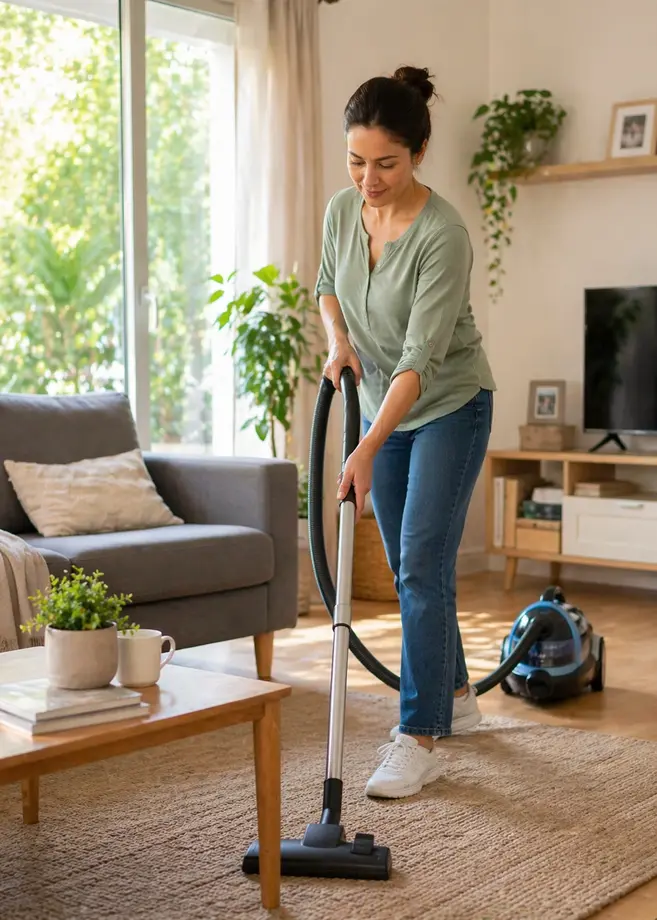 Woman vacuuming carpet at home in a bright living room with natural sunlight, representing active daily household activity