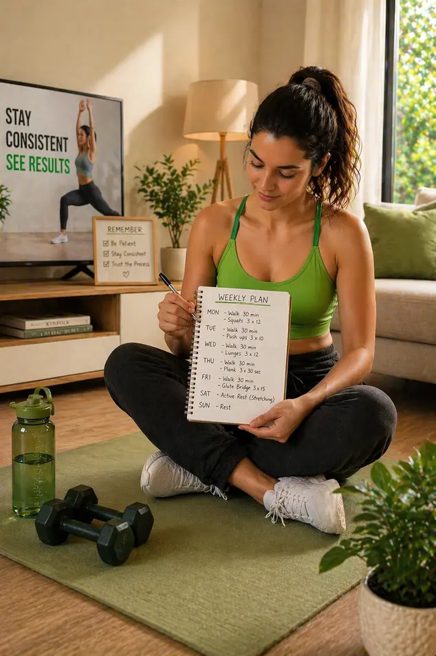 Woman in green sports bra sitting on yoga mat at home writing a weekly workout plan, bright natural living room with Slimelio-style setup