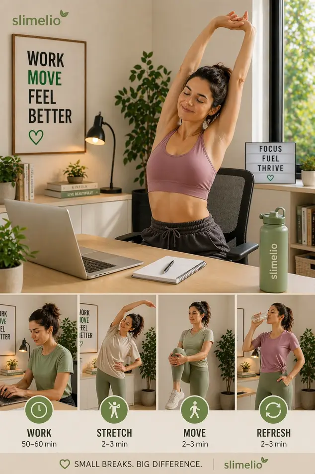Woman taking a stretching break at a home office desk, active lifestyle scene with Slimelio branding and natural light workspace