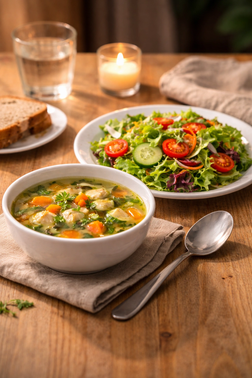 Light healthy dinner with vegetable soup and fresh salad on a wooden table in warm cozy evening lighting
