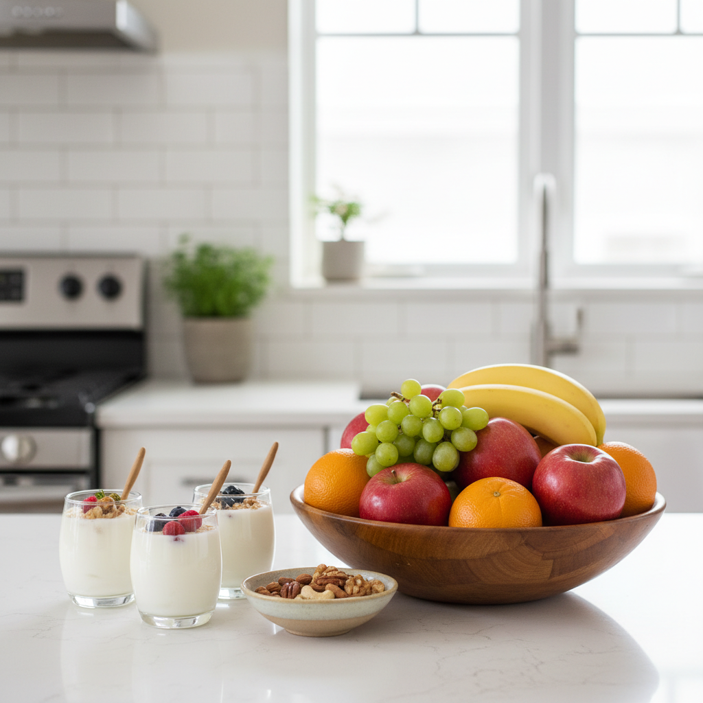 Fruit bowl yogurt cups and nuts placed neatly in kitchen for healthy snacking and weight loss habits